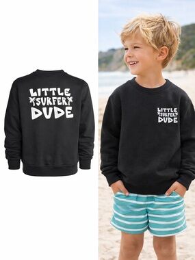THE LITTLE SURFER DUDE Black Crewneck Sweatshirt | Graphic | Cotton Blend | 5-6